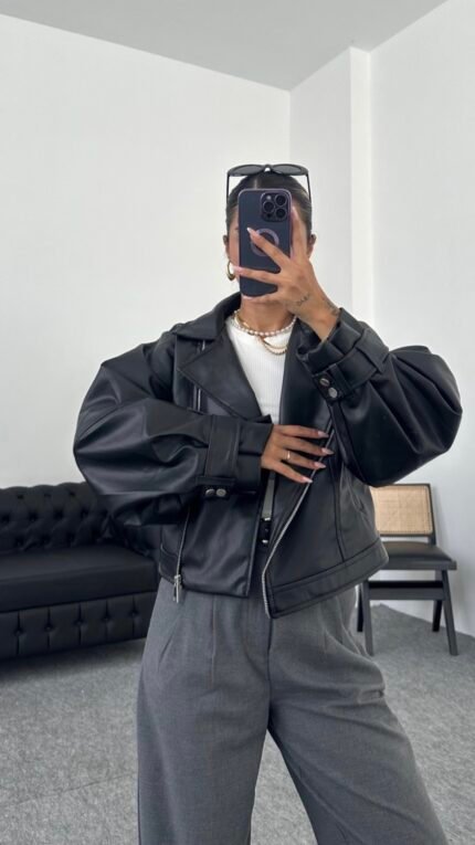 Veste en cuir à manches ballon