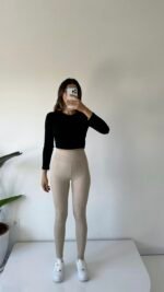 Collants côtelés beige