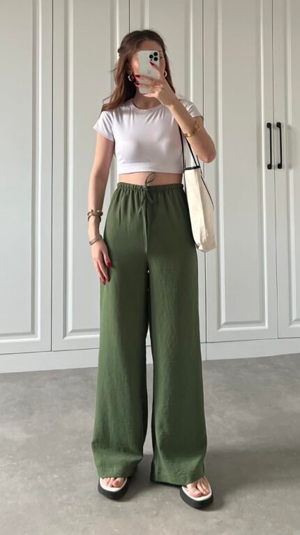 Pantalon en lin vert flower