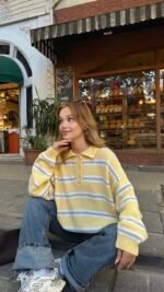 Striped Polo Collar Sweater Yellow