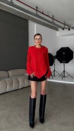 Cross Crew Neck Basic Red Sweater – Image 2
