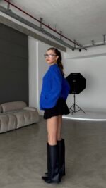 Cross Crew Neck Basic Sax Blue Sweater – Image 2