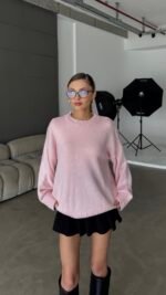 Cross Crew Neck Basic Powder Pink Sweater