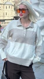 Buttoned Oversize Striped Sweater Beige