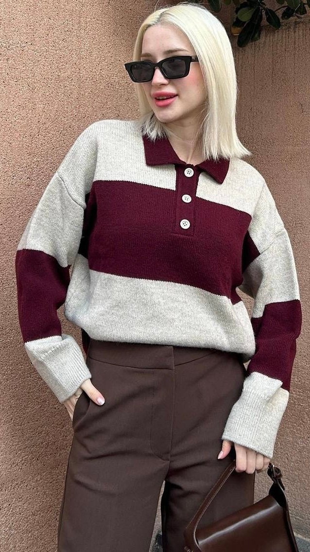 IMG_9575 Buttoned Oversize Striped Sweater bordo – Image 1