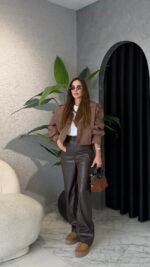 Leather palazzo pants brown