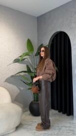 Leather palazzo pants brown – Image 2